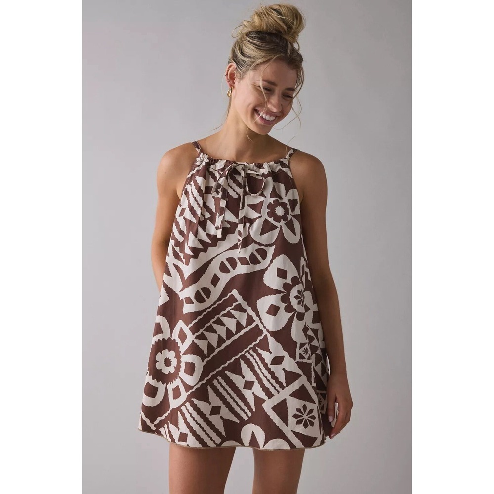 Urban Outfitters BDG Eva Tie-Front Ruched Trapeze Mini Dress Brown M NWT